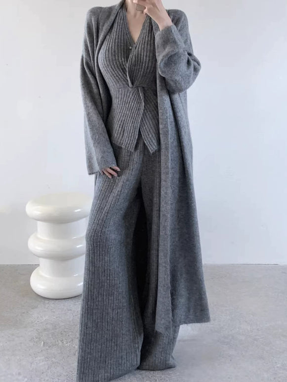 3点セット ニットカーディガン+ベスト+ワイドニットパンツ きれいめ 大人カジュアル 秋冬 セットアップ レディース ID2204