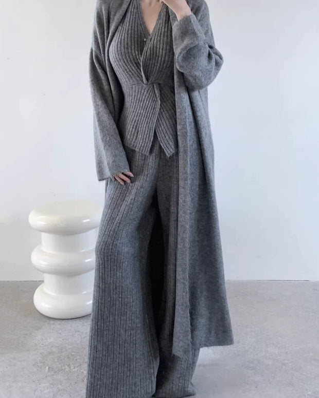 3点セット ニットカーディガン+ベスト+ワイドニットパンツ きれいめ 大人カジュアル 秋冬 セットアップ レディース ID2204