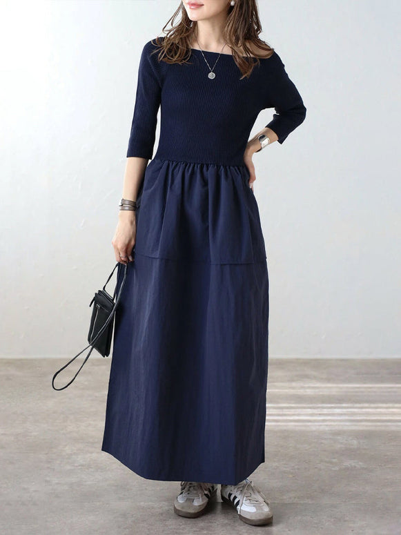 ボートネック ワンピース レディース 七分袖 ロング丈 シンプル 無地 きれいめ 上品 体型カバー 大人カジュアル 通勤 通学 デイリー 春秋新作 ID1819