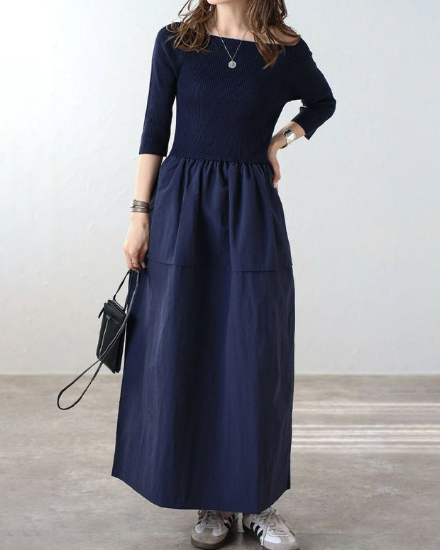 ボートネック ワンピース レディース 七分袖 ロング丈 シンプル 無地 きれいめ 上品 体型カバー 大人カジュアル 通勤 通学 デイリー 春秋新作 ID1819