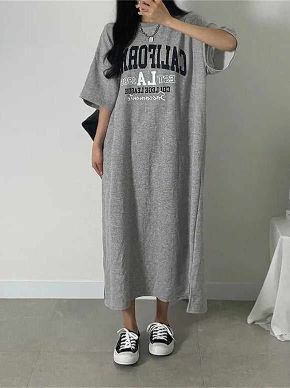 ID796 3色展開 ロゴTシャツワンピース レディース ロング丈 半袖 ゆったり 綿 オーバーサイズ ルームウェア カジュアル 楽ちんワンピ