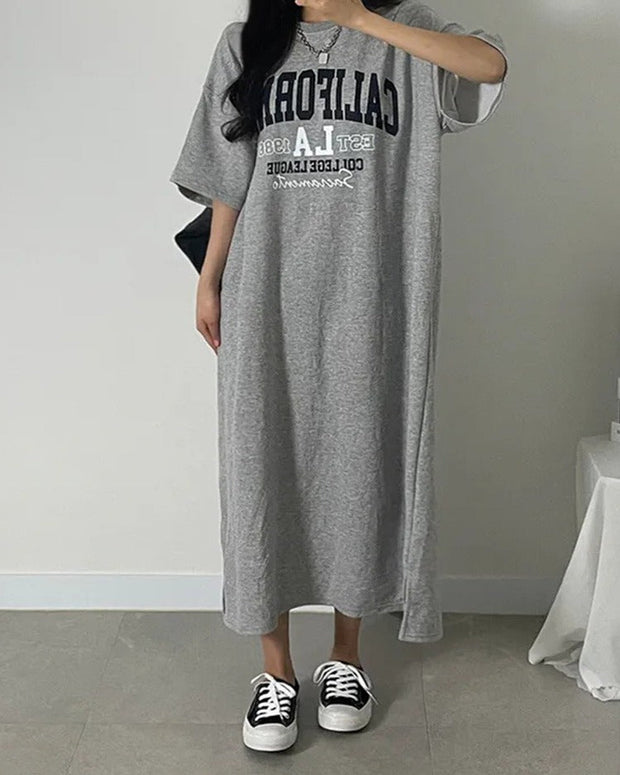 ID796 3色展開 ロゴTシャツワンピース レディース ロング丈 半袖 ゆったり 綿 オーバーサイズ ルームウェア カジュアル 楽ちんワンピ