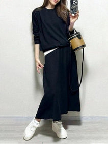 【2点セット】2WAY見えのパーカー + スカート セット 大人 カジュアル 秋 ゆったり ファッション 合わせやすい スウェット フレアスカート ID1737