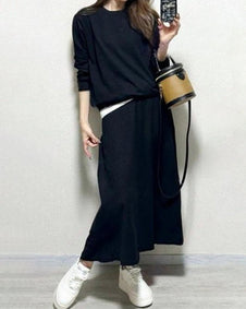 【2点セット】2WAY見えのパーカー + スカート セット 大人 カジュアル 秋 ゆったり ファッション 合わせやすい スウェット フレアスカート ID1737