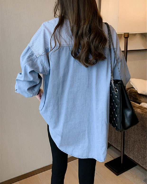 デニムシャツ レディース 長袖 ゆったり ストライプ 異素材切替 シンプル カジュアル トップス おしゃれ きれいめ 大人女子 通勤 オフィスコーデ 体型カバー 人気 着回し抜群 春秋 新作 シャツブラウス ID1366