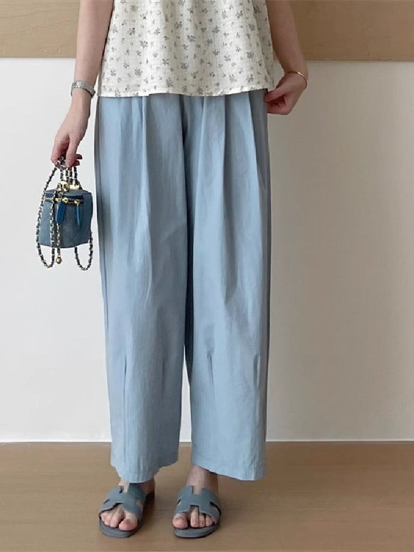 ID988丈短め ワイドパンツ ゴムウエスト コットン薄手 ストレートシルエット ゆったり着やせ カジュアル ID988