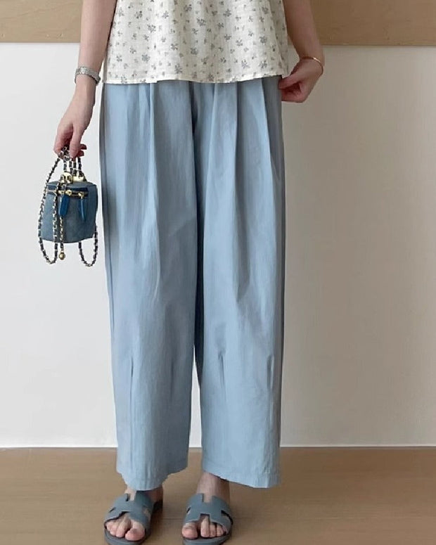 ID988丈短め ワイドパンツ ゴムウエスト コットン薄手 ストレートシルエット ゆったり着やせ カジュアル ID988