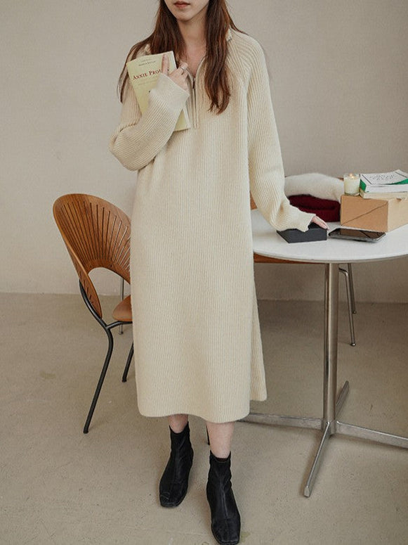 ハイネック ジップアップ ニット ワンピース レディース 長袖 ロング丈 ゆったり シンプル 韓国風 秋冬 コーデ ID1783