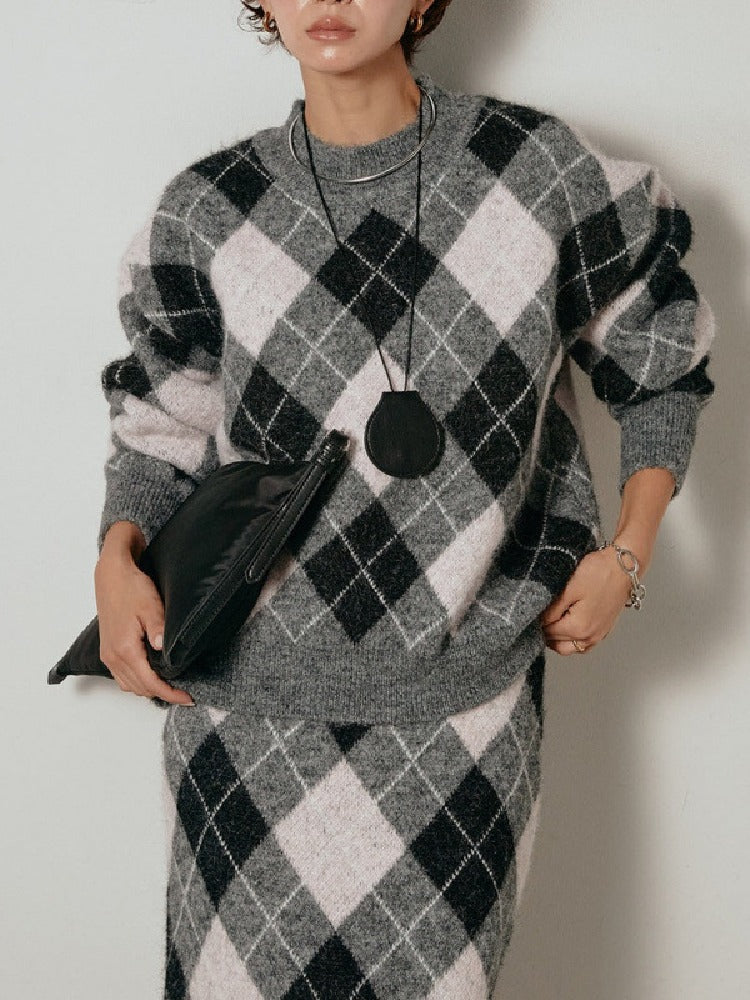 アーガイル柄 ニットセットアップ レディース 長袖 プルオーバー ニットトップス＋ロングスカート 2点セット 体型カバー 大人カジュアル 上品 きれいめ 秋冬 新作 ID2011