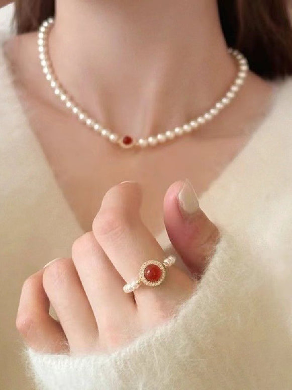 3点セット 赤色ジルコン パール ネックレス リング ブレスレット レディース 上品 高級感 ギフト ID1579