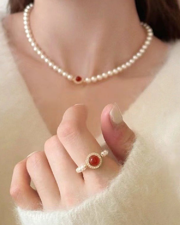 3点セット 赤色ジルコン パール ネックレス リング ブレスレット レディース 上品 高級感 ギフト ID1579