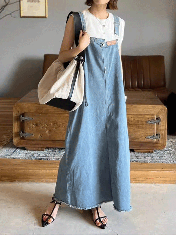 【295】[今だけ特価！] デニムオーバーオールドレス キャミソールドレス レディース デニム ロング丈 ゆったり バックストラップ シンプル 着回し 体型カバー カジュアル