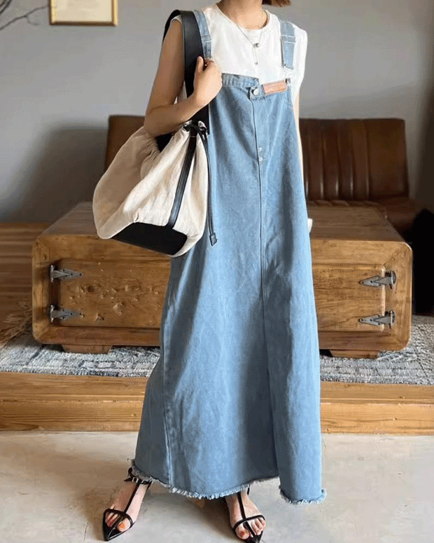 【295】[今だけ特価！] デニムオーバーオールドレス キャミソールドレス レディース デニム ロング丈 ゆったり バックストラップ シンプル 着回し 体型カバー カジュアル