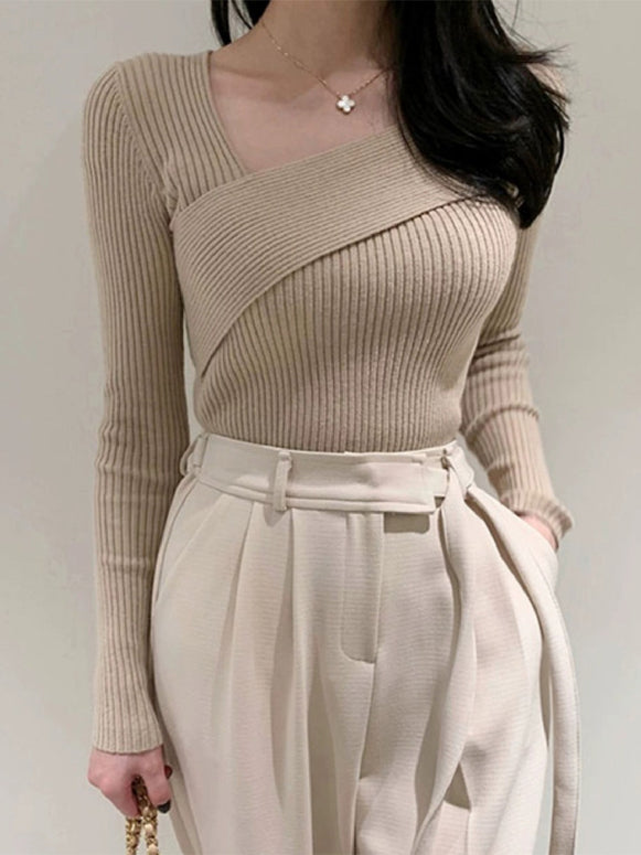 アシンメトリー ニット トップス レディース リブ編み 長袖 スクエアネック 体型フィット エレガント シンプル 通勤 デート 春秋 冬 新作 ID2179