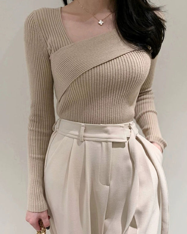 アシンメトリー ニット トップス レディース リブ編み 長袖 スクエアネック 体型フィット エレガント シンプル 通勤 デート 春秋 冬 新作 ID2179