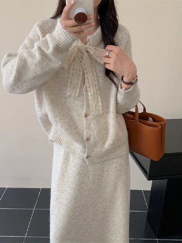 セットアップ ニット カーディガン + ニット スカート 2点セット 長袖 ゆったり きれいめ 上品 通勤 通学 大人可愛い シンプル 秋冬 新作 人気 レディース ID1972