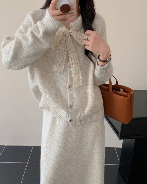 セットアップ ニット カーディガン + ニット スカート 2点セット 長袖 ゆったり きれいめ 上品 通勤 通学 大人可愛い シンプル 秋冬 新作 人気 レディース ID1972