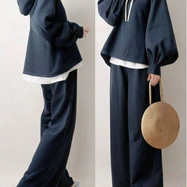 「半額セール対象」2点SET 3色展開 秋コーデ ランタンスリーブ 長袖 フード付き パーカー+無地 シンプル スウェット パンツセット 秋コーデ 秋服 ID1796