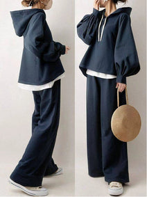 【2点SET】3色展開 秋コーデ ランタンスリーブ 長袖 フード付き パーカー+無地 シンプル スウェット パンツセット 秋コーデ 秋服 ID1796