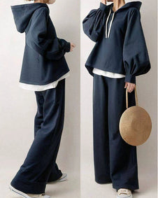 【2点SET】3色展開 秋コーデ ランタンスリーブ 長袖 フード付き パーカー+無地 シンプル スウェット パンツセット 秋コーデ 秋服 ID1796