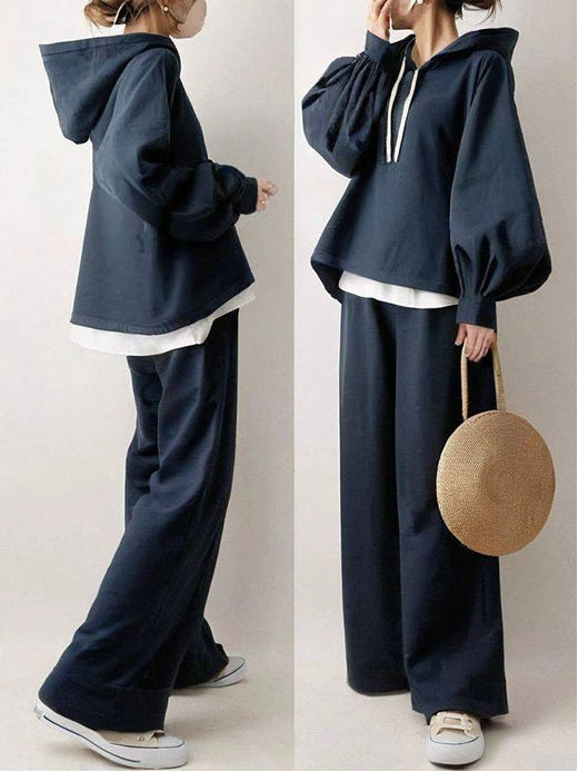 【2点SET】3色展開 秋コーデ ランタンスリーブ 長袖 フード付き パーカー+無地 シンプル スウェット パンツセット 秋コーデ 秋服 ID1796