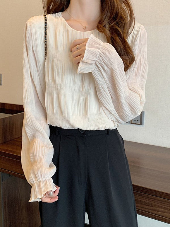 シフォン ブラウス レディース 長袖 ラウンドネック 無地 シンプル インナー トップス 春秋冬 きれいめ 通勤 オフィス カジュアル おしゃれ 大人女子 上品 フェミニン 修身 体型カバー 着回し ベーシック OL ナチュラル カットソー シャツブラウス ID1606