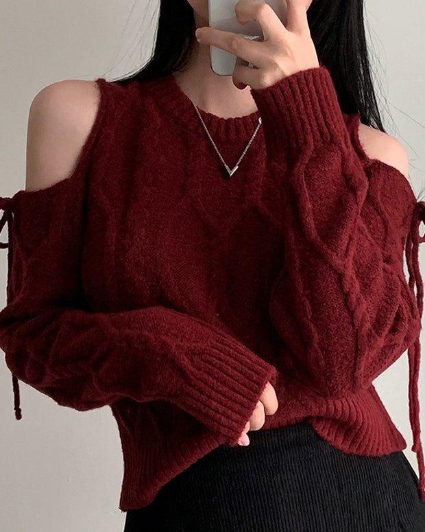 ケーブルニット トップス レディース 肩あき デザイン 可愛い きれいめ 秋冬 ニット セーター クリスマスコーデ ID2191