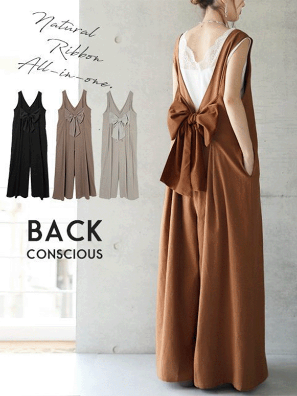 【521】[売れ筋ランキング上位] 4色展開 バックリボンワイドサロペット 体型カバー 大人可愛い オールインワン レディース 夏 サイドポケット付き