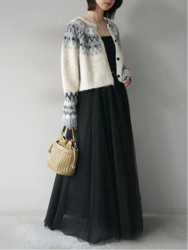 「今だけこの価格」2点セット フェアアイル柄 ニットカーディ チュールロングスカート レディース ふわっと上品 シンプル 大人可愛い 体型カバー 着回し 秋冬新作 ID2246