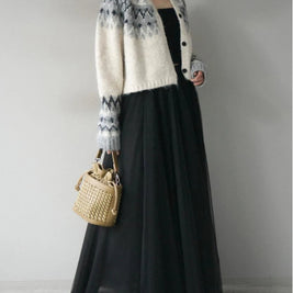 「今だけこの価格」2点セット フェアアイル柄 ニットカーディ チュールロングスカート レディース ふわっと上品 シンプル 大人可愛い 体型カバー 着回し 秋冬新作 ID2246