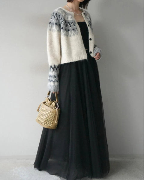 「今だけこの価格」2点セット フェアアイル柄 ニットカーディ チュールロングスカート レディース ふわっと上品 シンプル 大人可愛い 体型カバー 着回し 秋冬新作 ID2246