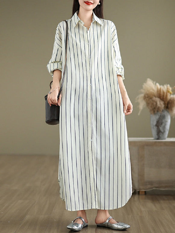 M〜4XL対応 オーバーサイズ ストライプ柄 シャツワンピース レディース 長袖 翻領 体型カバー ゆったり 秋新作 ID1237