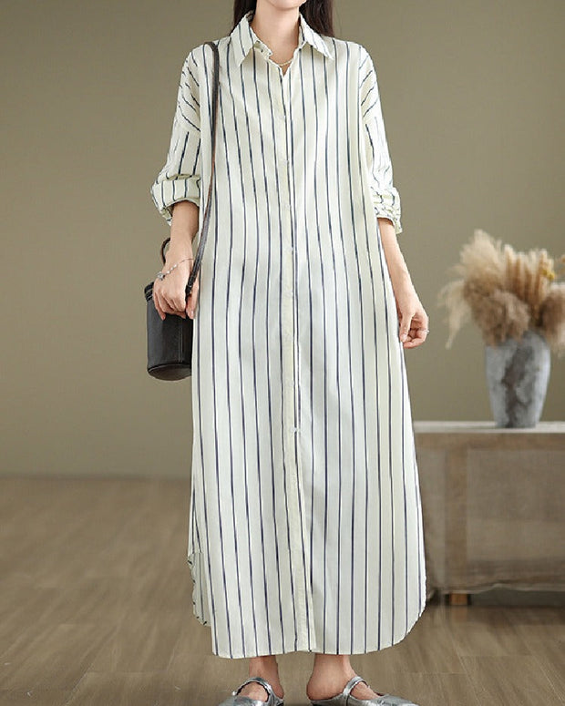 M〜4XL対応 オーバーサイズ ストライプ柄 シャツワンピース レディース 長袖 翻領 体型カバー ゆったり 秋新作 ID1237