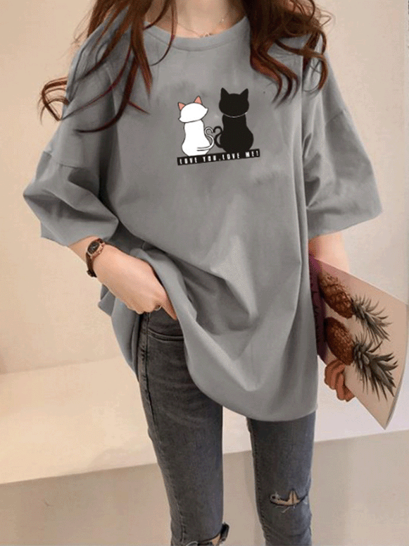 【264】10色展開 ネコプリント 半袖Tシャツ レディース オーバーサイズ 中長丈 ラウンドネック ゆったり 体型カバー 2025夏新作 韓国風カジュアルトップス