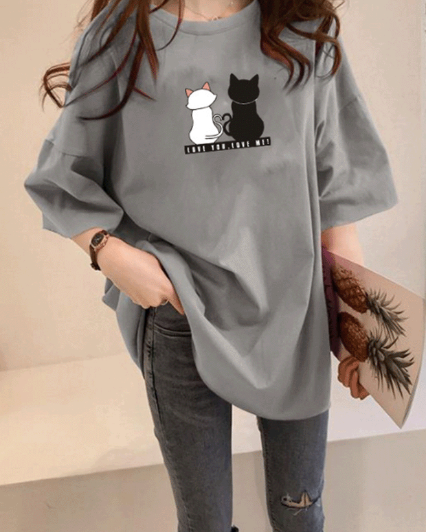【264】10色展開 ネコプリント 半袖Tシャツ レディース オーバーサイズ 中長丈 ラウンドネック ゆったり 体型カバー 2025夏新作 韓国風カジュアルトップス
