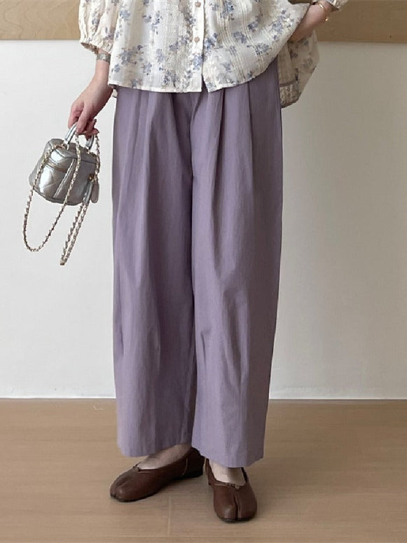 ID988丈短め ワイドパンツ ゴムウエスト コットン薄手 ストレートシルエット ゆったり着やせ カジュアル ID988