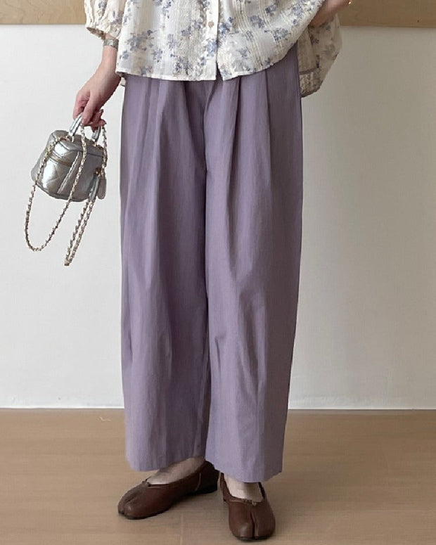 ID988丈短め ワイドパンツ ゴムウエスト コットン薄手 ストレートシルエット ゆったり着やせ カジュアル ID988