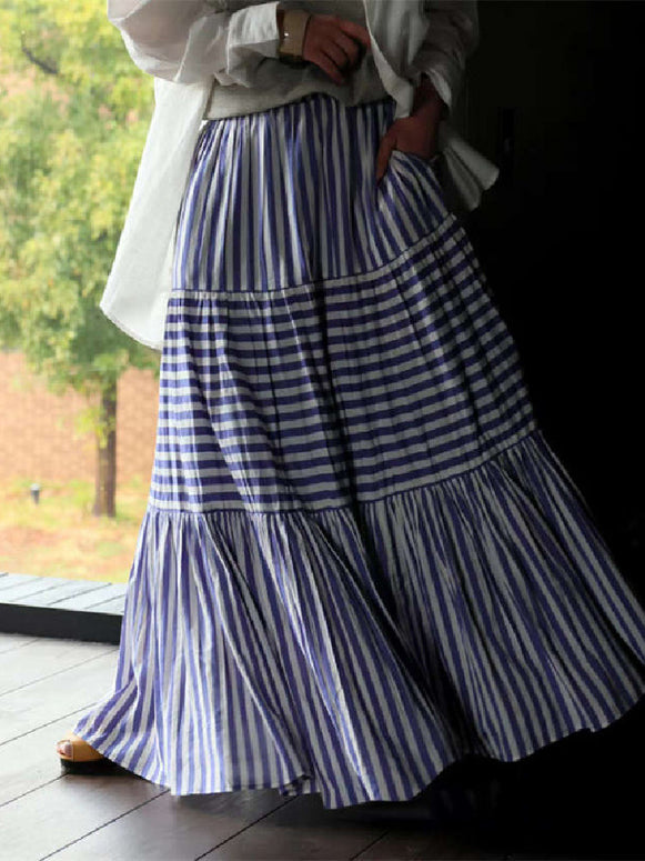 ストライプ柄 ロングスカート レディース Aライン フレアスカート ギャザー ウエストゴム ゆったり 体型カバー 大人可愛い カジュアル 春秋 おしゃれ ベーシック トレンド 人気 ID1401