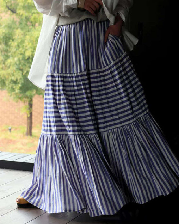 ストライプ柄 ロングスカート レディース Aライン フレアスカート ギャザー ウエストゴム ゆったり 体型カバー 大人可愛い カジュアル 春秋 おしゃれ ベーシック トレンド 人気 ID1401