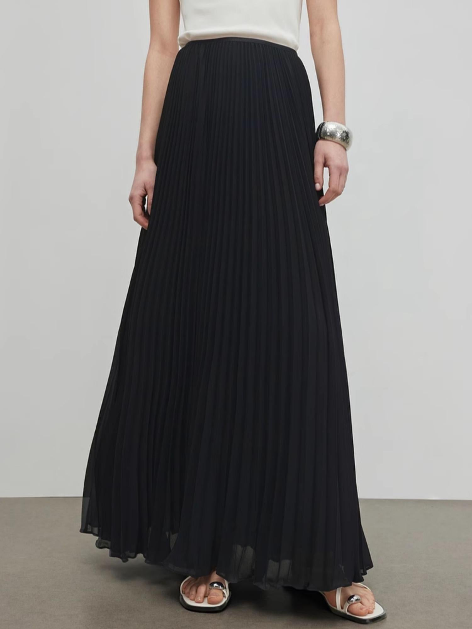 シフォンプリーツロングスカート 夏新作 軽やかロング丈 上品きれいめ オフィス/お出かけ/デート 半身スカート 大人エレガント ホワイト ID560