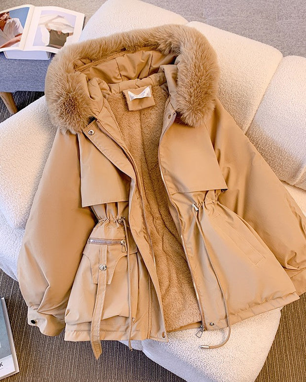 ふわふわファー フード付き 中綿ジャケット 加厚 裏起毛 暖かい ウエスト調整 可愛い アウター 冬コーデ レディース ID2286