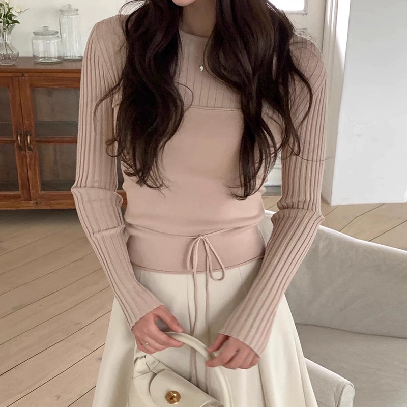 リブニット トップス レディース 細見え ウエストマーク 長袖 きれいめ 体型カバー インナーにも最適 秋冬 カジュアル 通勤コーデ ベーシック おしゃれ 上品 シンプル ID2208