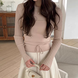 リブニット トップス レディース 細見え ウエストマーク 長袖 きれいめ 体型カバー インナーにも最適 秋冬 カジュアル 通勤コーデ ベーシック おしゃれ 上品 シンプル ID2208