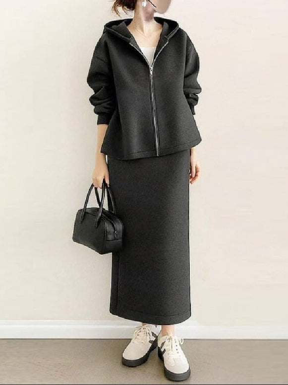 セットアップ レディース フード付き パーカー＋ロングスカート 2点セット カジュアル シンプル 上品 きれいめ 体型カバー 通勤 通学 大人女子 秋冬 新作 ID1982