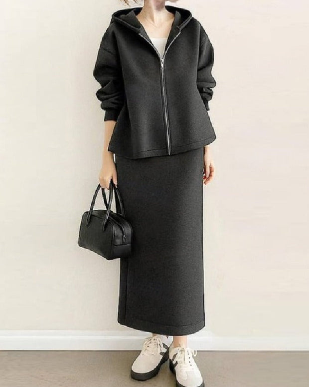 セットアップ レディース フード付き パーカー＋ロングスカート 2点セット カジュアル シンプル 上品 きれいめ 体型カバー 通勤 通学 大人女子 秋冬 新作 ID1982