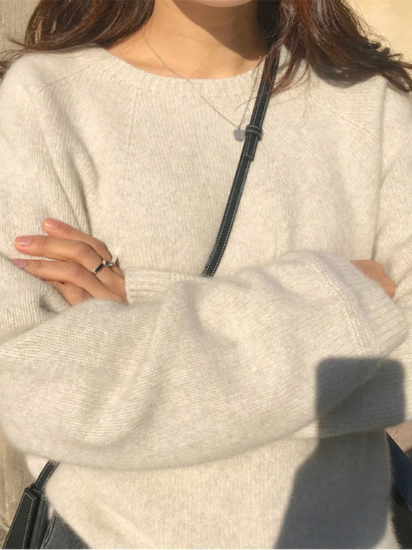 ニット セーター レディース クルーネック 長袖 ふんわり 柔らかい 洗練 シンプル きれいめ 大人カジュアル 秋冬 通勤 通学 デイリーコーデ 防寒 ゆったり トップス ID2228