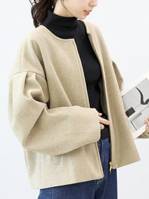 2色展開 ノーカラー ジャケット レディース ショート丈 コート ゆったり 長袖 体型カバー アウター おしゃれ シンプル 通勤 通学 秋冬 新作 人気 ID1870