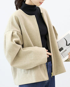 2色展開 ノーカラー ジャケット レディース ショート丈 コート ゆったり 長袖 体型カバー アウター おしゃれ シンプル 通勤 通学 秋冬 新作 人気 ID1870