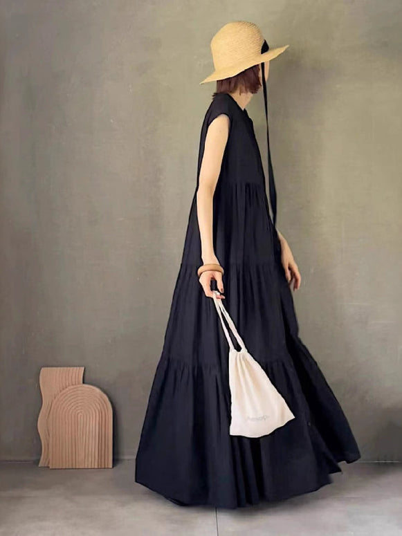 ID786 ノースリーブ シャツワンピース レディース スタンドカラー フレアシルエット 無地 ティアード デザイン 涼しげ ゆったり 体型カバー 夏