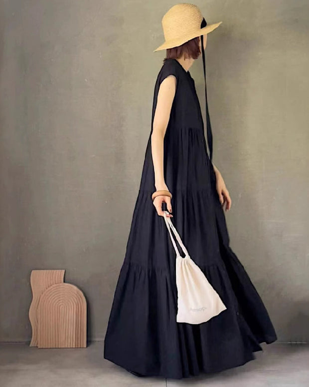 ID786 ノースリーブ シャツワンピース レディース スタンドカラー フレアシルエット 無地 ティアード デザイン 涼しげ ゆったり 体型カバー 夏